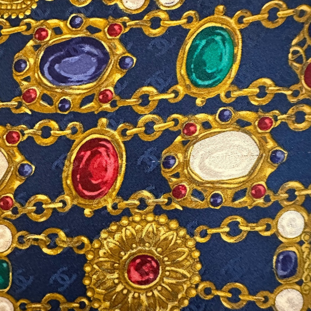 CHANEL Silk Chain Color Stone Scarf Navy Blue CC Coco Mark Logos COA w/ Box - Picture 7 of 14
